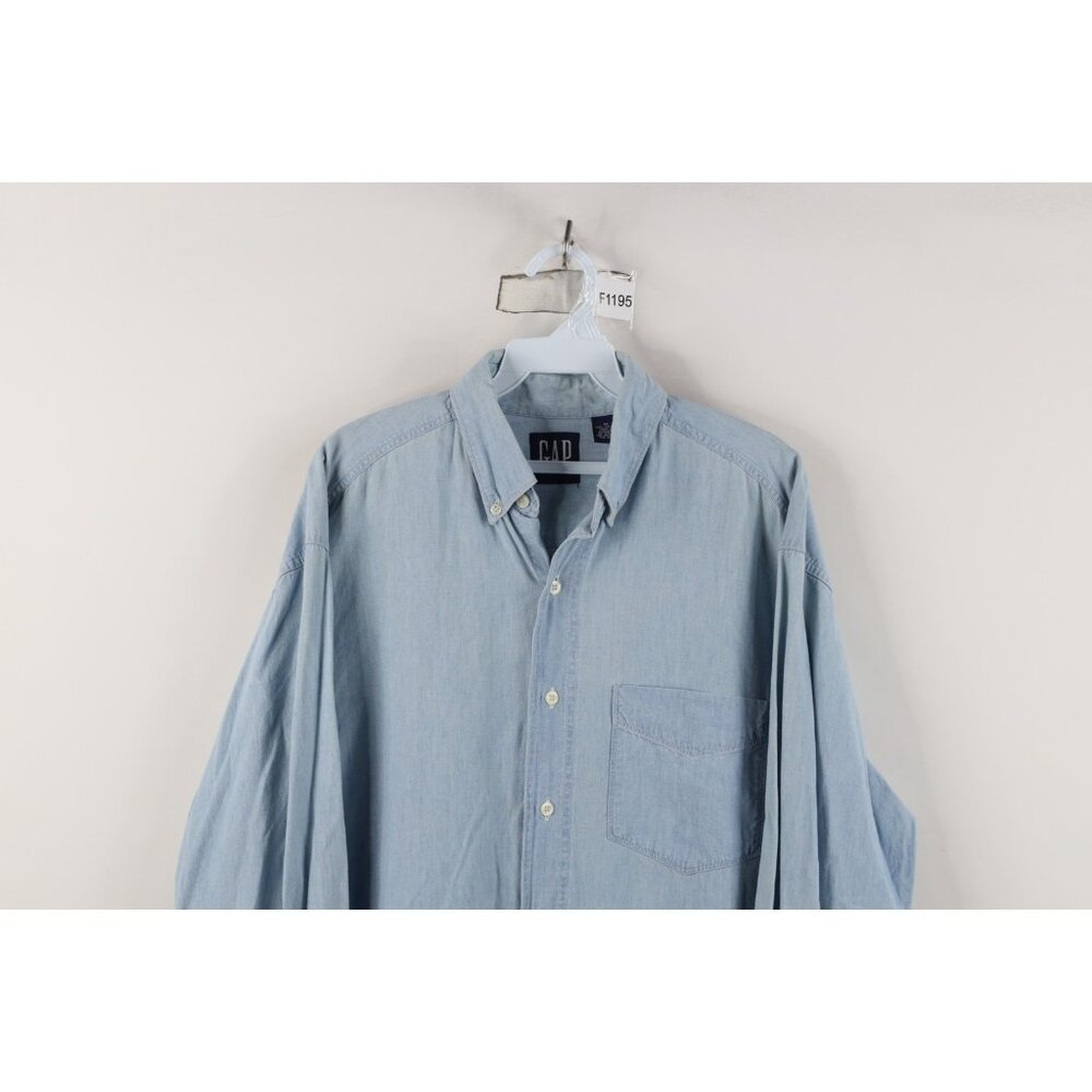 Vtg 90s Gap Mens Medium Distressed Denim Jean Collared Button Down Shirt Blue - Picture 2 of 13